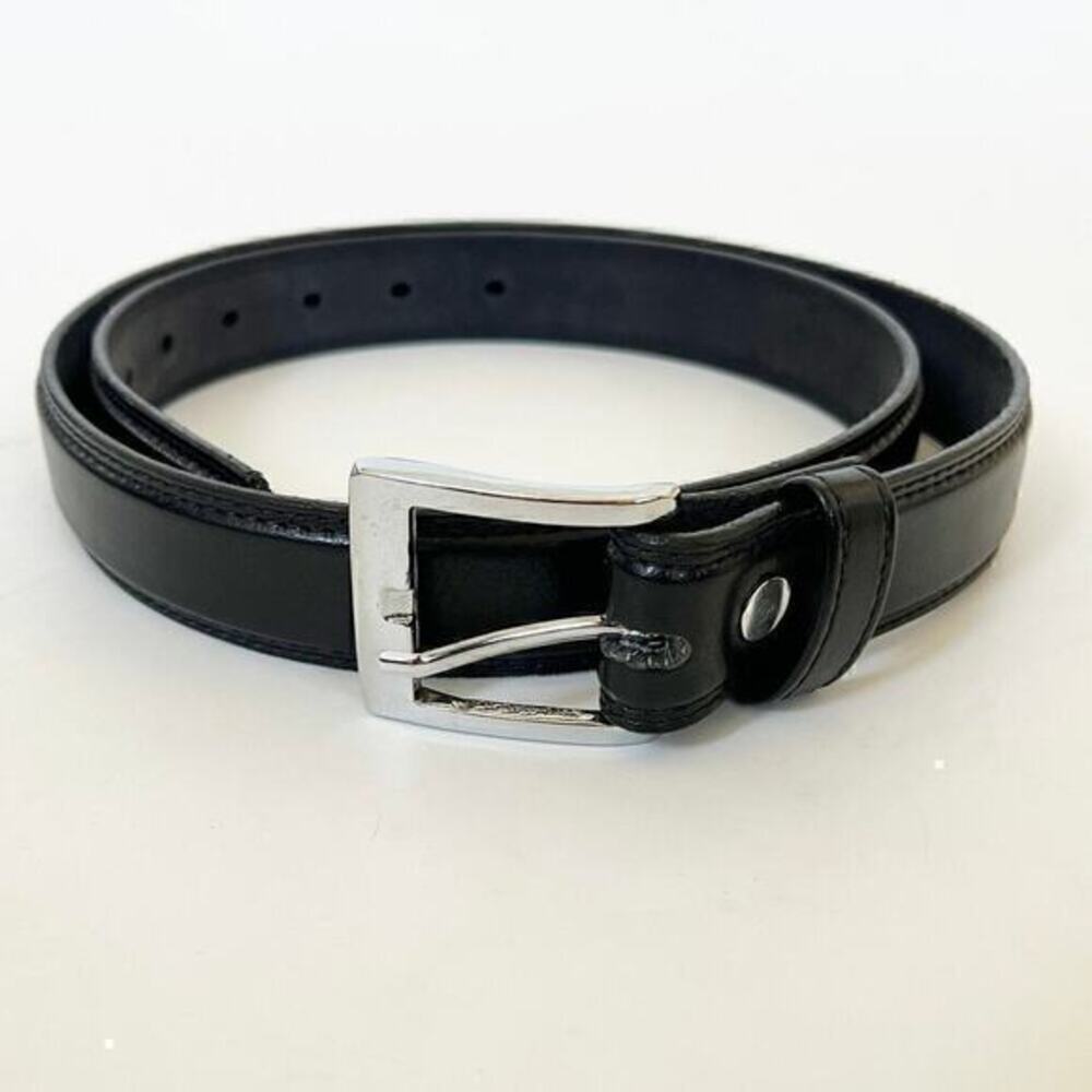 Made flour Men’s Black Leather Belt‎ 33-39” Smooth Grain Silver Square Buckle